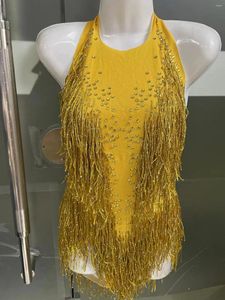 Scenkläder gnistrande strassar fransar bodysuit womenvightclub party dans kostym sexig lemple