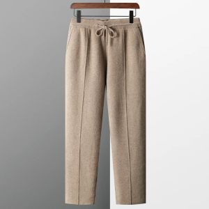 Pantolon% 100 saf yün erkek yün pantolon 2023 Sonbahar kış kalınlaşmış örme uzun pantolon ince oturan düz renk sıcak düz köşe pantolon