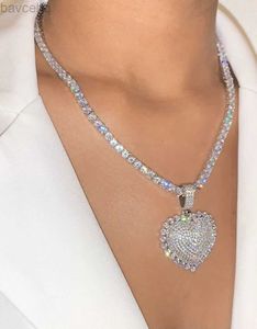 Pendant Necklaces 2021 Iced Out Bling Women Jewelry Micro Pave 5A Cz Cubic Zirconia Big Heart Pendant Tennis Chain Sparking Necklace 240302