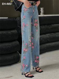 Jeans Rose bestickt gerade Barrel Jeans Damen Wrap Hip Leaf Print lose Mode vielseitige Baumwolle Luxus Hosen Pleate Luxury2024