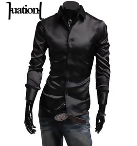 Huation Mens Silk Shirt 2019 Fashion Brand Men039s Long Sleeve Shirt Men Camisa Social Masculina Casual Black Men Dress Shirts2181699