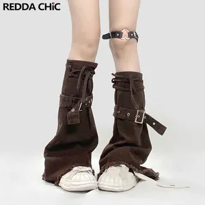 Kadın Çorap Reddachic Vintage Brown Cowgirl Denim Bacak Isıtıcıları Fired Bandaj Kemer Gaiters Botlar Grunge Y2K Kız Diz-Uzun