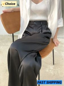 Capris 2023 Günstige Verkauf Seide Satin frauen Hosen Hohe Taille Casual Schwarz Koreanische Mode Breite Bein Anzug Hosen für frauen Hosen Oversize