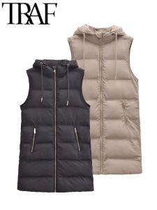 Gilet TRAF Donne Eleganti Gilet In Cotone Senza Maniche Con Felpa Con Cappuccio Solido Gilet Sottile Femminile Crop Top Y2K Serbatoi 2023 Autunno Inverno