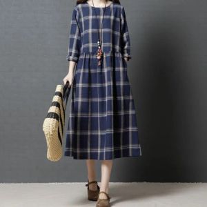 Dress Johnature Autumn Winter Korean Loose Fashion Oneck Pockets Plaid Long Sleeve Dress 2023 New Simple Comfortable Women Dresses