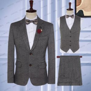 Suits 2023 New Men's Slim Fit Formal Business Suits Dark Grey Plaid Groom Best Wedding Party Dress 3 Pcs Set( Jacket+Vest+Pants )