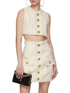 HIGH STREET est Designer Suit Set Womens Sleeveless Fringed Tassel Tweed Tank Top Mini Skirt Set 2pcs 240220
