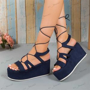 Sandalen Sommer Gold Heels Kreuz Riemchen Schnürsandalen für Frauen Elegante Mode Med Block Metallic Samt Hochzeitskleid Schuhe Offene Spitze T240302