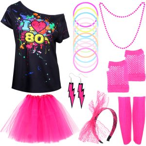 Kleider 80er-Jahre-Kostümzubehör Retro-Damen-Party-Kostüm-Set für Erwachsene, Tutu-Rock, Neon-Fischnetz-Handschuhe, Perlen-Halskette, Armband, Ohrringe