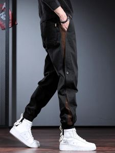 Pants Fashion Side Stripe Black Baggy Pants Men Sport Casual Cotton Elastic Midje Drawstring Jogging Trousers