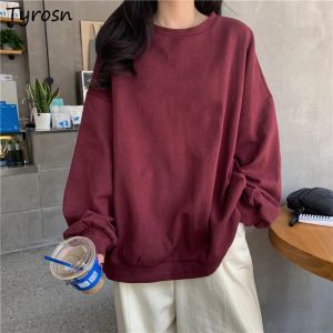 Sweatshirts No Hat Hoodies Women Elegant Solid Bourgogne Fashion Ulzzang Allmatch Oneck Sweatshirts Femme Japanese Style Long Sleeve Tops