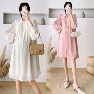 Klänningar 212# Autumn Spring Chiffon Maternity Bluses Dress Elegant Sweet Loving Clothes for Pregnant Women Postpartum Graviditet