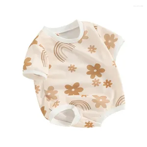 Kläder sätter baby flickor romper t-shirt kort ärm crewneck blommor tryck kläder födda spädbarn söta kläder