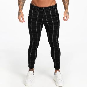 Calças gingtto calças chinos masculinas ajuste magro cintura elástica preto xadrez outono elástico chinos calças masculinas tamanho 2836 tamanho da ue perna fina