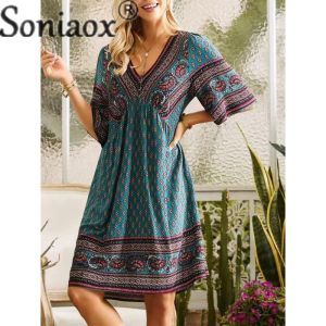 Dress Vacation Ethnic Style Print V Neck Pullover Dresses Women's Half Sleeve Dressy Female 2023 Summer Daily Casual High Waist Skirt