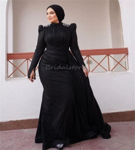 Vintage schwarzes muslimisches Abendkleid mit Zug Stehkragen Kristall Meerjungfrau Arabisch Dubai Ballkleider Langarm Formelle Partykleider Abayas Roben Bal De Promo Geburtstag
