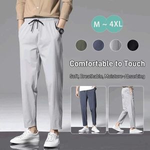 Calça calças masculinas de seda de seda de gelo masculino calças casuais lisadas de resfriamento calças frias soltas adequadas para 100 kg