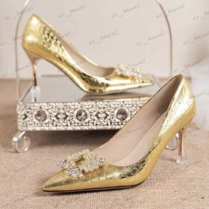 Scarpe eleganti di lusso cristallo fibbia quadrata oro argento pompe donne 2023 nuovo slip on tacchi alti scarpe da sposa donna scarpe a punta scarpe da festa T240302