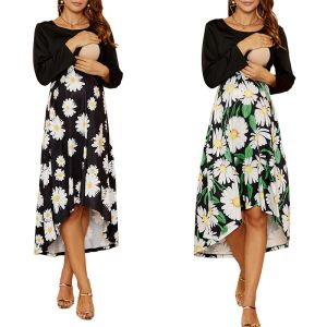 Sukienki 2023 Sundress macierzyńskie Summer Casual Dress Women Floral Long Rleeve z kieszeniami pielęgniarki Sukienka z karmieniem piersią vestidos