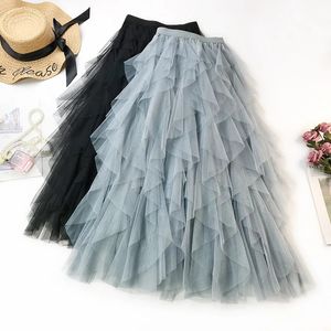 Tiul Long Maxi spódnica kobiety moda Koreańska urocza różowa plisowana talia Tutu Mesh Female Lady 240227