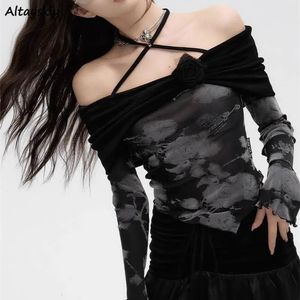 Halter Offshoulder Women Tshirts Slim Floral Longsleeve Crop Tops Sweet Gentle Designed Eesthetic Youth Ladies Elegant French 240228