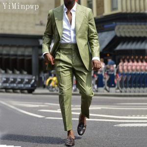 Suits yaz ordusu yeşil erkekler takım elbise 2 adet zirve yaka düğün seyahat günlük gündelik takım elbise blazer set kostüm homme ceket+pantolon