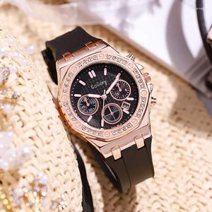 Wristwatches Fashion Women's Business Diamond Jewelry Quartz Watch Luxury Silicone Strap Calendar Casual Student Versatile Black Wristwatch