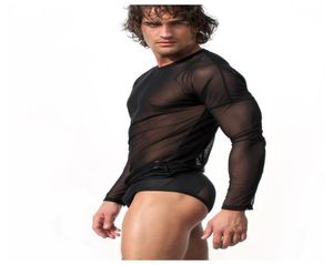 Preto branco sexy transparente masculino malha undershirt camisa de manga longa erótico gay sleep tops lingerie verão maiô m l xl1040617