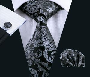 Mens Tie Black Paisley 100 İpek Klasik Barrywang Tie Hanky ​​Cufflinks Erkekler İçin Set Resmi Düğün Partisi Damat Sell1067257