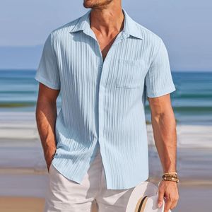 2024 Summer New Mens Pleated Solid Color Casual Cotton Linen Beach Shirt Casual Short sleeved Flip Collar Button Top 240302