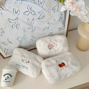 Cosmetic Bags Autumn And Winter Plush Bag Flowers Cute Cartoon Embroidered Female Portable Soft Small Package