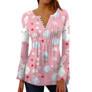 Camiseta feminina moda páscoa impressa com decote em v manga comprida plissada botão camiseta topo ropa de mujer traf roupas da loja oficial