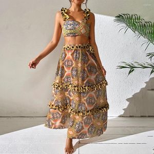 Women's Swimwear 2024 Lotus Leaf Luxury Printed Split Swimsuit Halter Sexy High Waist Lace Cake Dress Fashion Beachwear