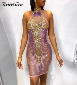 Kricesseen Sexy Sequined Halter Neck See Through Mini Dress Women Spring Backless Bodycon Party Dress Birthday Outfits15358287