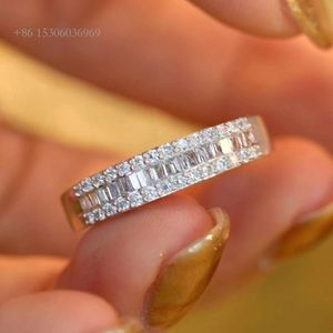 Xingguang unisex 3Rows Bling Moissanite Sterling Sier Solid White Gold Plated Baguette Ring