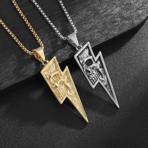 Hip Hop Titan Stahl Lightning Skull Anhänger Halskette 18K echt vergoldet Herrenschmuck