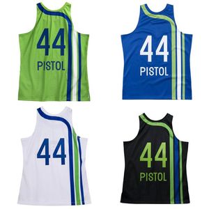 Costurado Jerseys de Basquete # 44 Pete Maravich Pistoc 1971-72 74-75 Verde Azul Malha Hardwoods Clássico Retro Jersey Homens Mulheres Juventude S-6XL