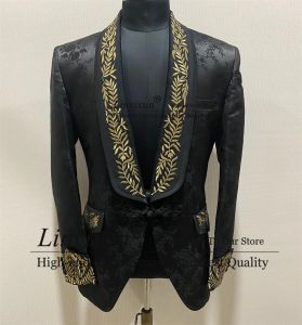 スーツJacquard Men's Wedding Suits Gold Aphleques Lapel Groom Tuxedos 2ピース