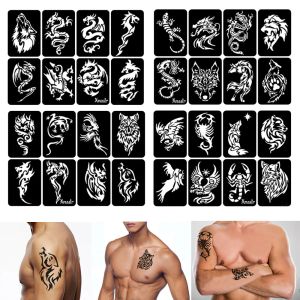 Szablony 32pcs/los wilk smok zwierzęta wielokrotne użycie tatuaży szablon szablon do ramion z tyłu klatki piersiowej farba tatuaży Airbrush Tattoo 4 arkusze