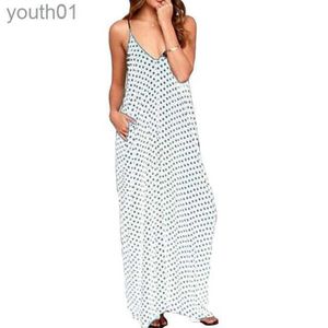 Grundläggande avslappnade klänningar gratis fraktklänningar polka dot casual long maxi klänning sexig strandkläder ärmlös rygglös vestidos storlek 240302