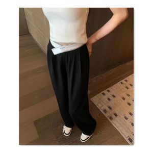 summer women designer pants elastic waist seal black wide legged pants women high waisted irregular casual pants versatile slim summer