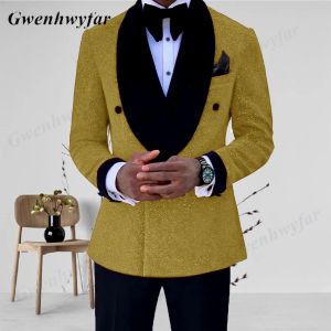 Suits Gwenhwyfar Gold/Royal Blue/Black Glitter Wedding Tuxedo Slim Fit Grooms Mens Suits Double Breasted Jacket med byxor 2 stycken