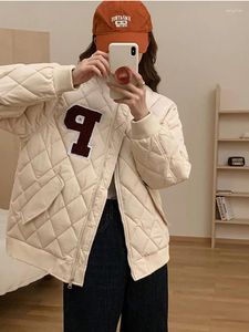 Women's Trench Coats Streetwear Thick Baseball Parkas Women Vintage Argyle Winter Coat Korean Letter Zipper Casual All Match Female Warm