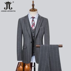 Suits (Jacket + Vest + Pants) Classic Men's Vertical Striped Suit 3Piece Social Office Business Formal Workwear Groom Wedding Dress