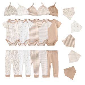 Uppsättningar unisex 2023 Solid Color New Born Baby Girl Clothes set bodysuits+byxor+hattar+haklappar/vantar bomull baby pojke kläder bebes