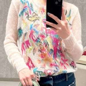 Women's Sweaters Hollow Out Thin Mohair Sweater Women Fancy Plants Butterfly Embroidery Knitted Pullover O-neck Sweet Knitwear