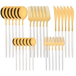 Sets White Gold 30Pcs Dinnerware Set Knife Fruit Fork Tea Spoon Tableware Cutlery Set Stainless Steel Flatware Kitchen Silverware