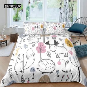 Conjunto capa de cama nórdica capa de edredão rei rei que rainha sem cama desenho animado de cama de animais conjunto de colcha infantil 2/3pcs poliéster tampa de consolador pura cortinas