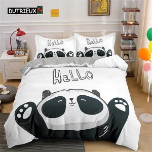 Set Cartoon Panda Bedding Set Cute Black White Panda Duvet Cover Animals Theme Comforter Set Home Bedroom Decor for Kids Children Sheer Curtains