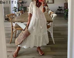 White Maxi Summer Dress Elegant Short Sleeve Hollow Out Bohemian Dresses For Women Loose Fit V Neck sundress Vestidos 2203299377374